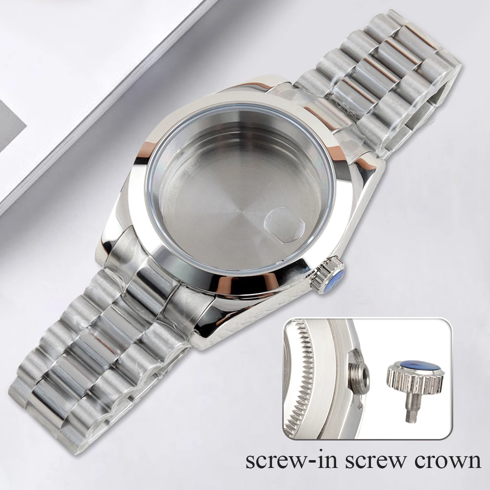 

36/39MM Silver Hight Quality Stainless Steel Watch Case Sapphire Glass For NH35 NH36 Movement 28.5mm Dial Presidential Bracelet