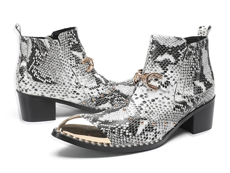 Designer Metall Karree Cowboy Motorrad Kurze Stiefel Männlich Große Größe Nieten Echtes Leder Stiefeletten Business Formale Schuhe – Detail 6