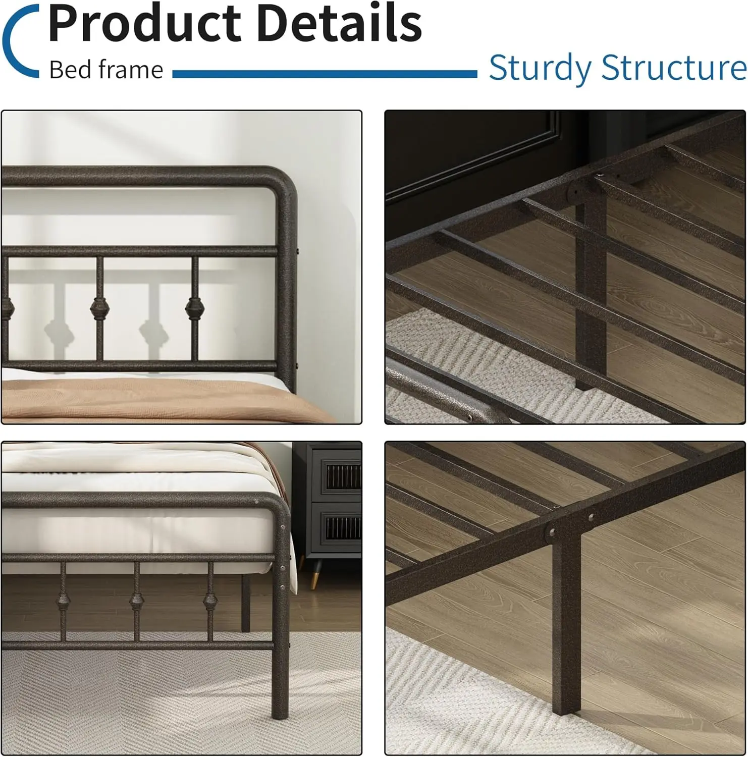 

Classic Metal Platform Twin Bed Frames With Headboard And Footboard, 16 H No Box Spring Ned Heavy Duty Victorian Style Iron-Art