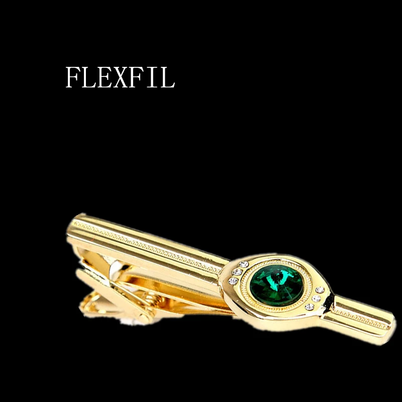 FLEXFIL Luxurious for mens Tie Clip Brand Necktie Emerald Male High Quality Classic golden Color Wedding Charm Tie Clip