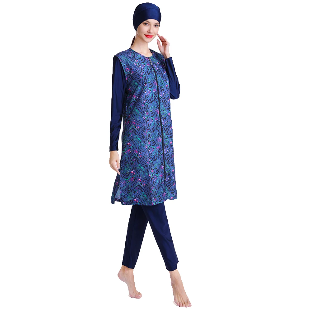 S-3XL New Burkini 3pcs Arabian Women's Starry blue swimsuit with zipper loose swimsuit all covered Beach wear with Cap surfwear