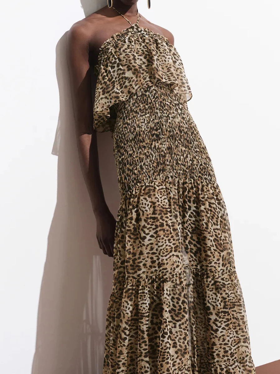 Sexy leopardo impressão fora do ombro maxi vestido elegante feminino plissado sem costas praia vestidos longos casual sem mangas verão bohe vestido