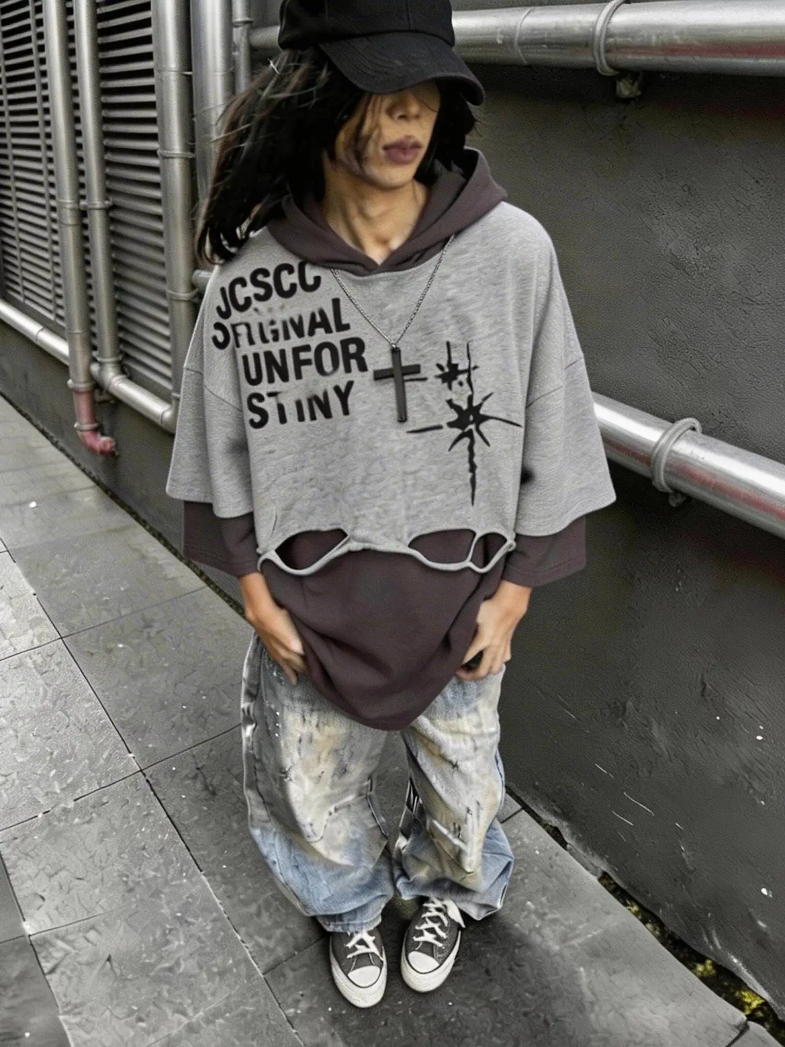 Unsiex Gothic Punk Hoodies 2026 New Hip Hop Vintage Hooded Loose Fake Two Piece Letters Print Casual