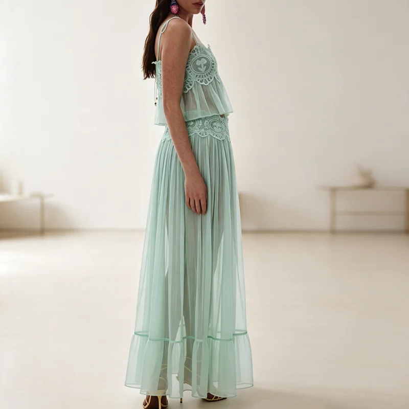 Boho Lace Trim Sheer Mesh Maxi Skirt 2 Piece Outfit Women Sleeveless Tie Strap Crop Top Set Beach Cover Up Holiday Matching Suit