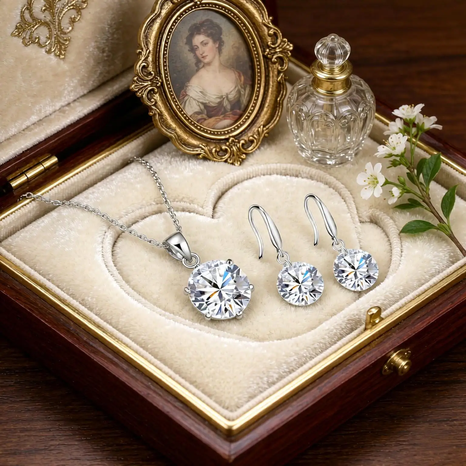 Classic 925 Sterling Silver 6 Claws Round Crystal Zircon Necklace Earrings Set For Women Girls Anniversary Party Jewelry Gift