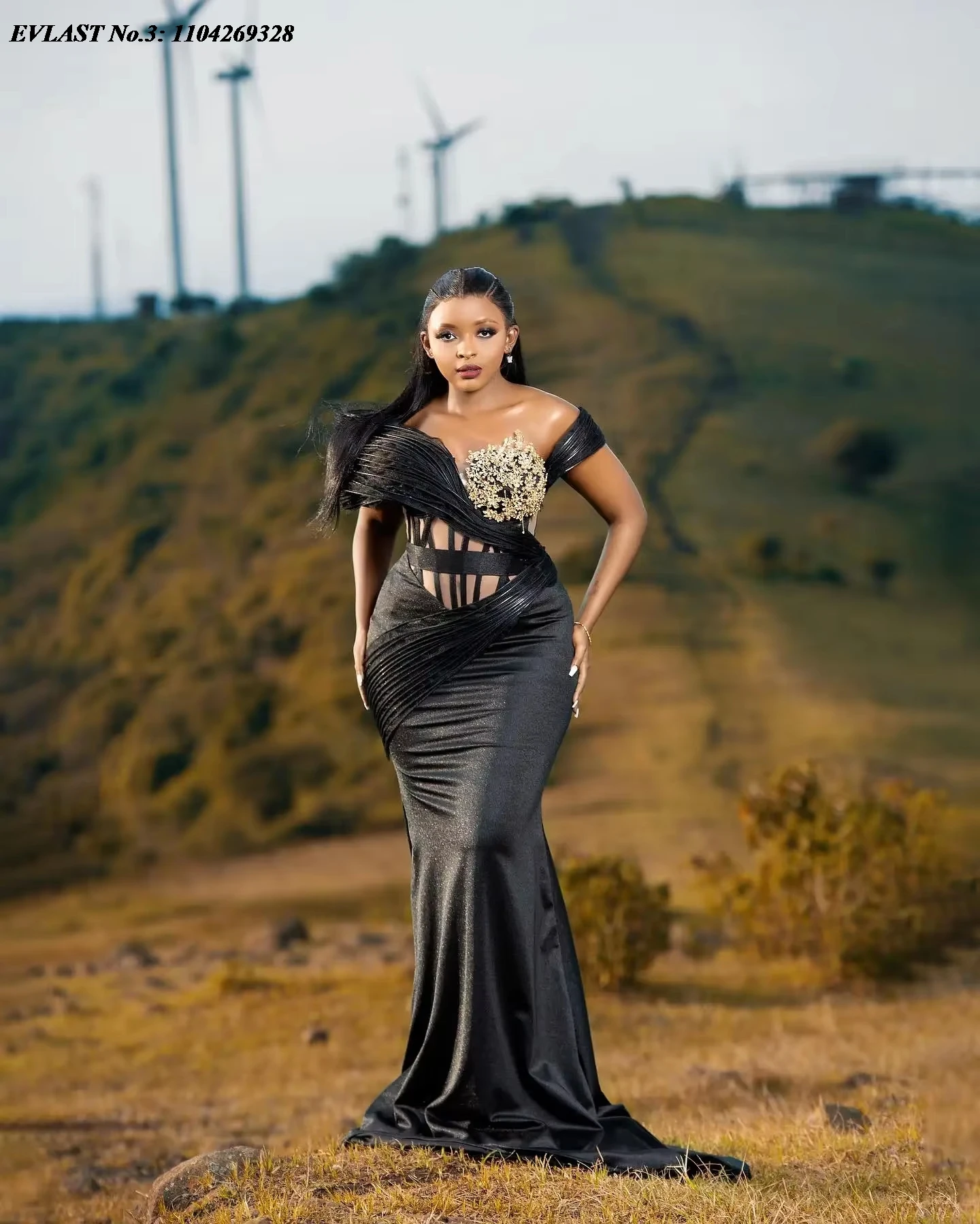 EVLAST Personalizzato Aso Ebi Nero Sirena Vestito Da Promenade Africano Off Spalla Floreale Raso Che Borda Abito Da Sera Robe De Soirée E3P400