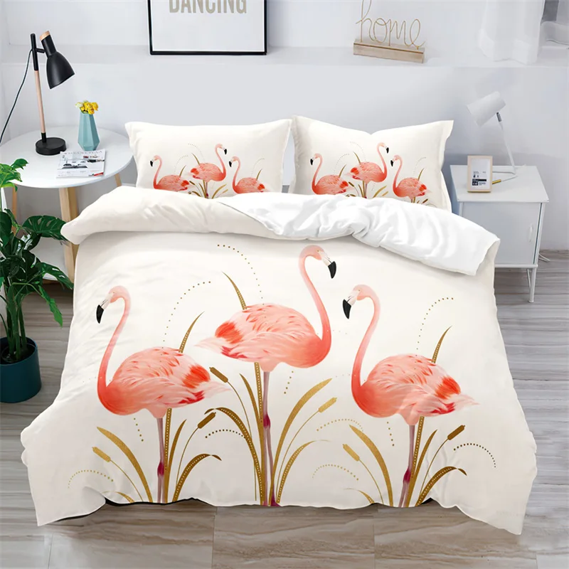 

Soft Colorful Flamingo Bedding Set Queen Size Microfiber Tropical Flowers Green Leaves Duvet Cover With Pillowcases Home Textile