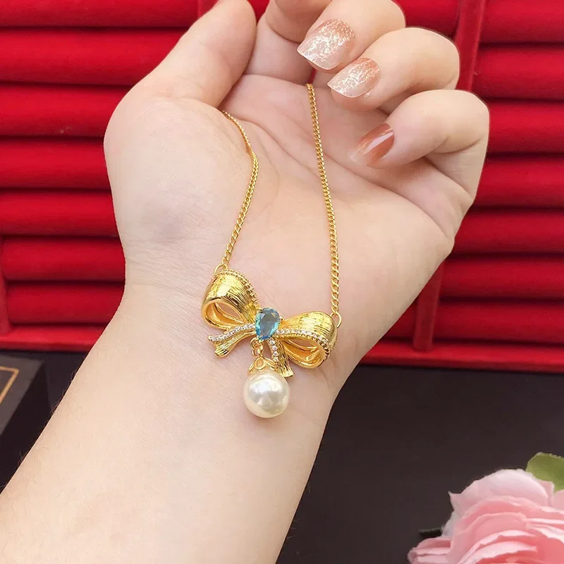 

Real Gold Color Sapphire Pearl Princess Bow Necklace Pendant Necklace Ladies Necklace Fashion Luxury Fine Jewelry Gifts