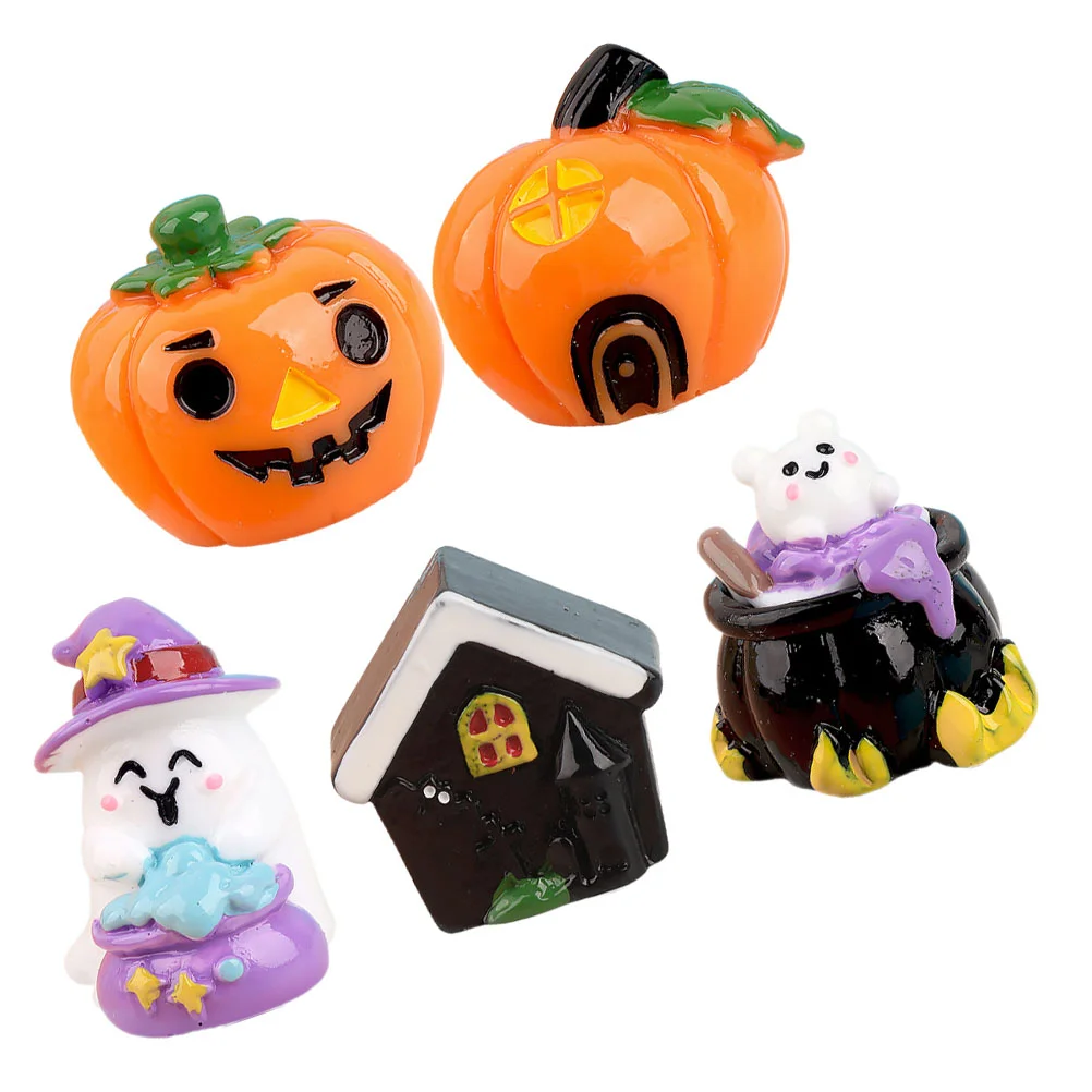 5 Pcs Pumpkin Ghost Ornament Halloween Miniature House Accessories Village Cake Crafts Resin Figures Kit Miniatures for