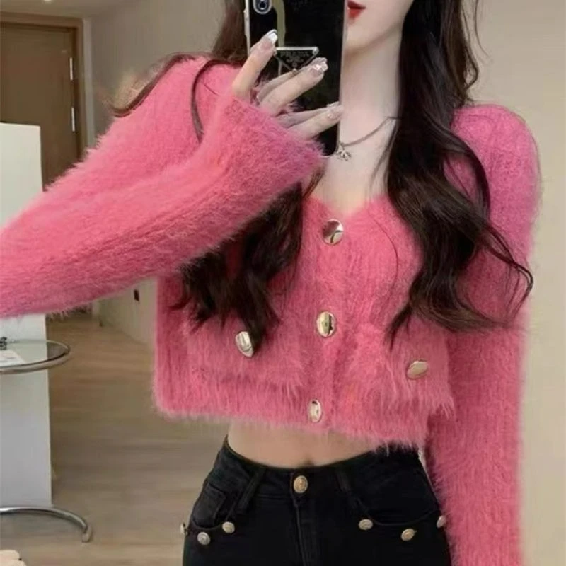 Autumn and Winter New Pink Imitation Mink Fur Coat Women's Short Coat High-grade Imitation Mink Cashmere Knitted Cardigan Top