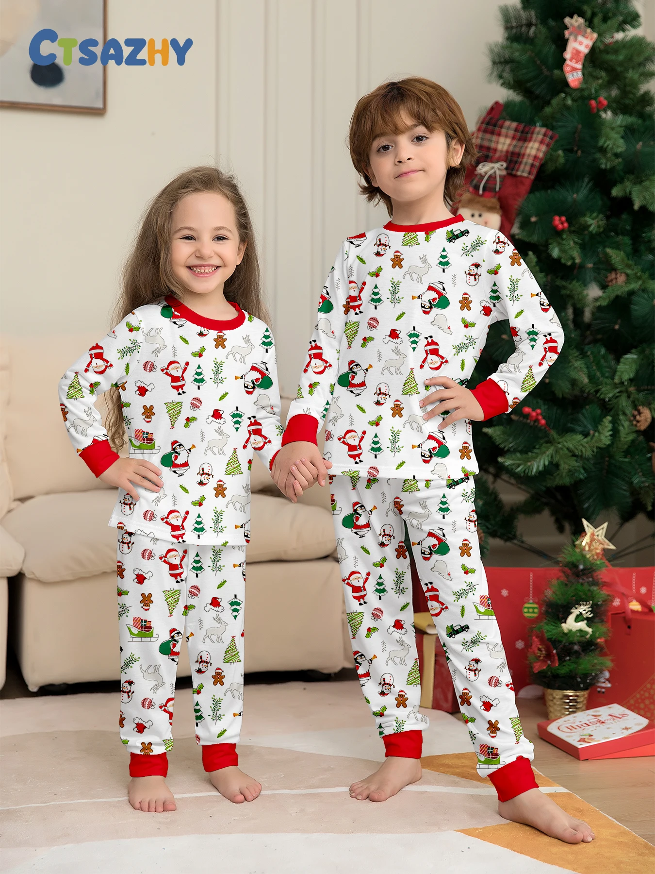 

Cozy Xmas Pajamas for Kids - White Pajama Set with Santa, Tree, Gingerbread Man & Red Accents