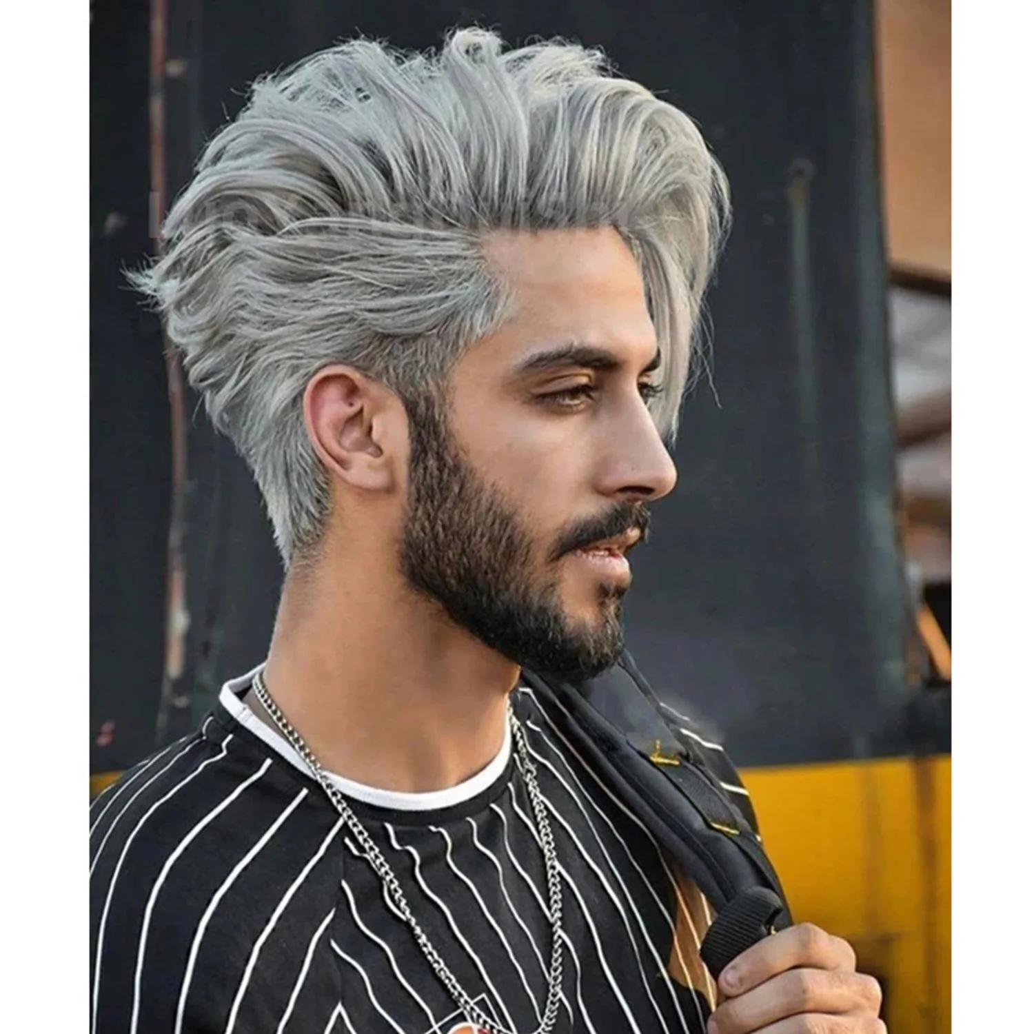 

Men's Silver ey Wig ort Straight Busin Sle Heat Silk Hair Full Coverage ey Hair Concer Hair Extension Wig
