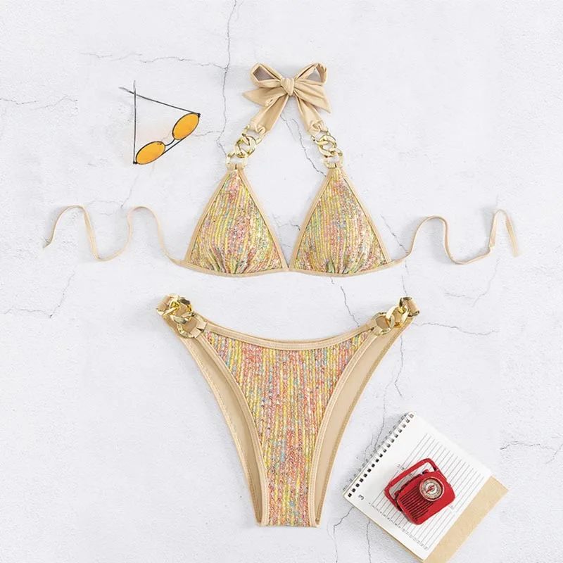 2024 Women Gold Sequin Rhinestone Bikini Girls Sexy Tie Up Swimsuit Premium Summer Bathing Spa Resort Summer Beach Pool Swimwear