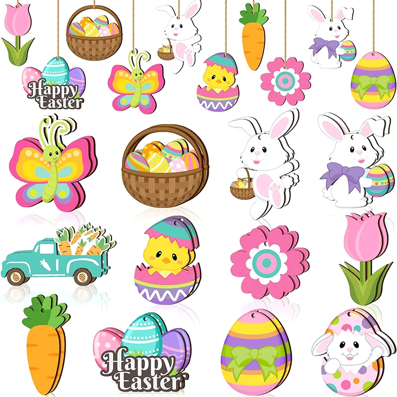 24 Pieces Easter Wooden Ornaments Happy Easter Cutouts Embellishments Cute Holiday Decorations With Strings