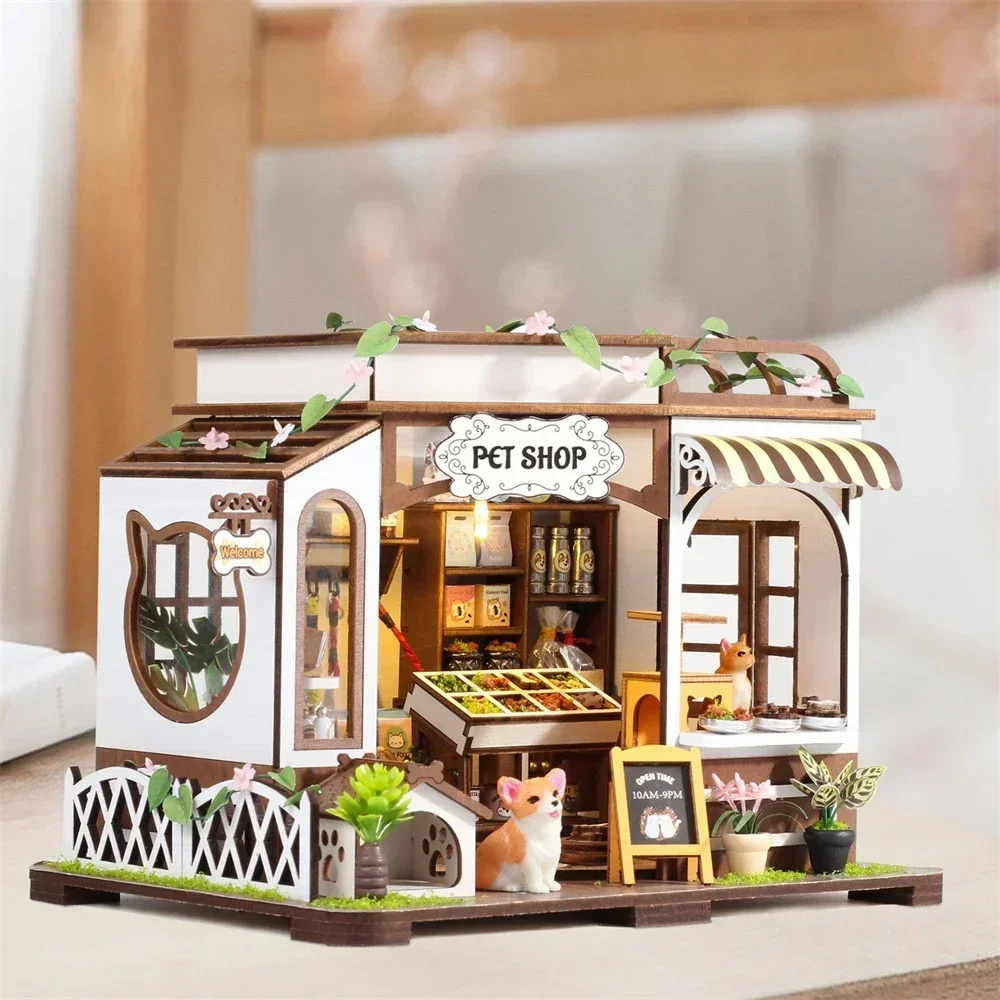 NEW Modern DIY Wooden Pet Shop Dollhouses Miniature Kits With Furniture LED Lights Home Desk Decoration For Adult Handmade Gifts