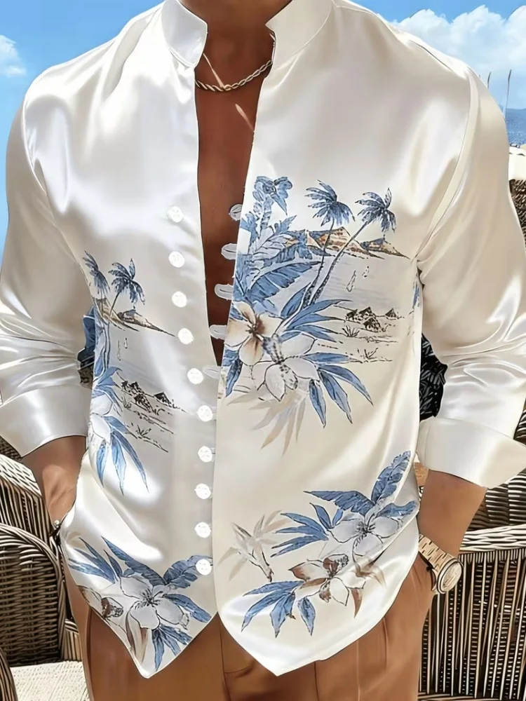 European and American style men's stand-up collar shirt with tropical island palm flower print long-sleeved casual shirt