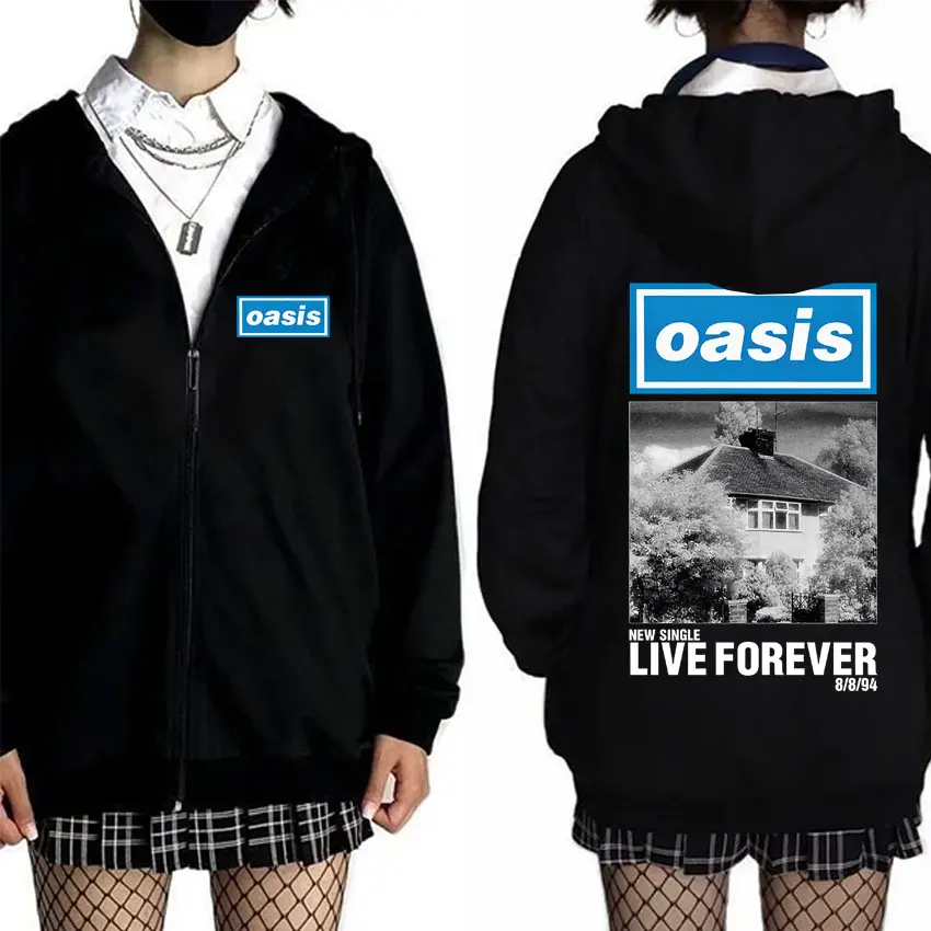 

O-Oasis Live Forever Zipper Hoodie British Rock Band Hoodies Men Women Classic Oversized Zip Up Jacket Men's Vintage Sweatshirt
