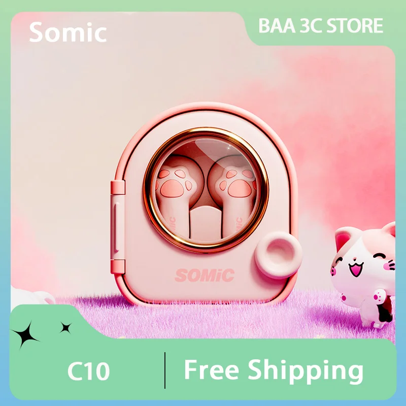 Somic C10 Earphones Pink Cute Cat Claw Wireless Bluetooth Earphone TWS Music Headphones Noise-cancelling Low Delay Game Headset