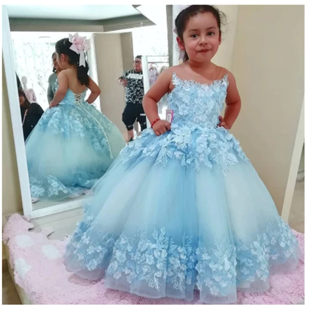 

Lovely Baby Flower Girls Dresses for Party3D Floral Appliques Sheer Neck Princess Birthday Pageant Communion Gown Evening Dress