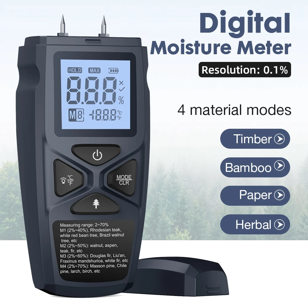 Digital Moisture Meter Handheld Wood Moisture Detector LCD Hygrometer Humidity Measurement for Timber Bamboo Paper Herbal