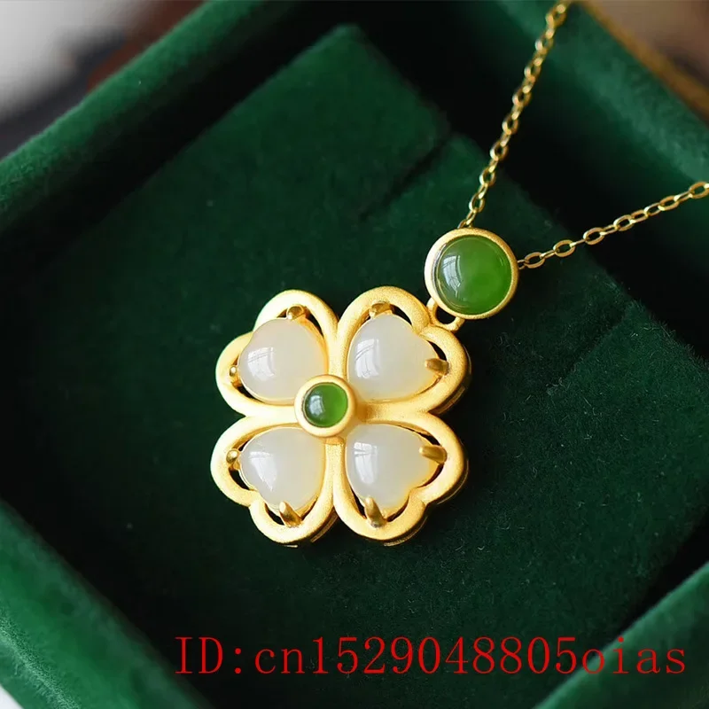 Natural Hetian Jade Clover Pendant Necklace 925 Silver Gifts for Chalcedony Women Amulet Fashion Jewelry