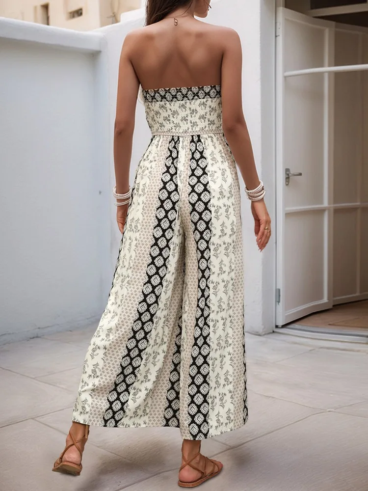 Lemongor Women's Vintage Printed Strapless Tube Jumpsuits 2026 New Summer Vacation Boho High Waisted Wide Leg Palazzo Romper