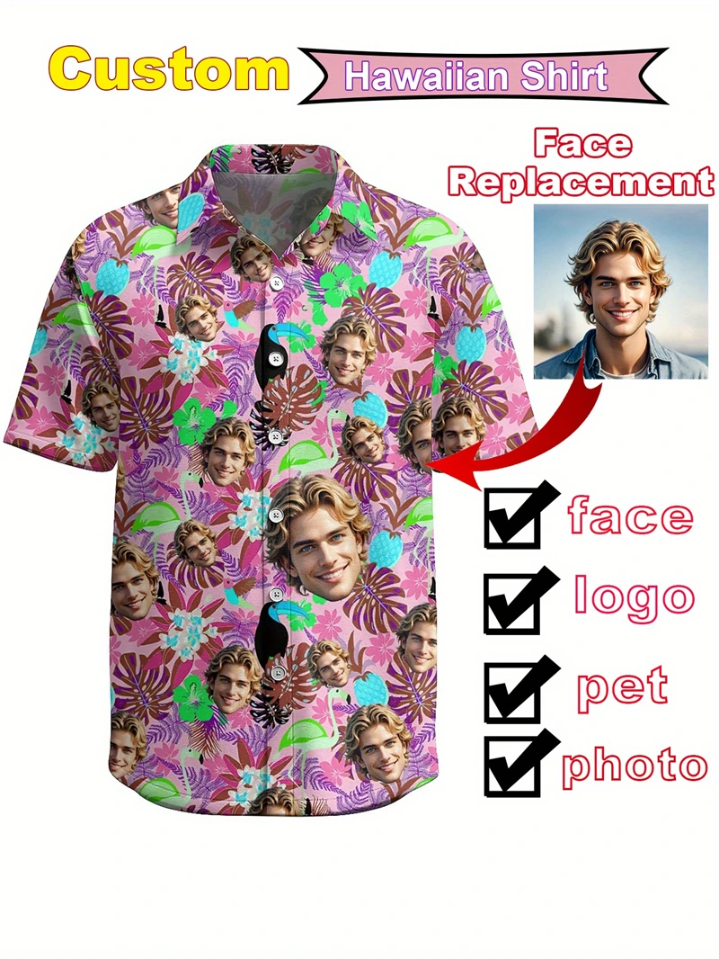 

Мужские гавайские рубашки с индивидуальным фото, тропическим дизайном с изображением тукана, цветочным принтом, логотипом, принтом с изображением питомца, на пуговицах, летняя одежда, высококачественные рубашки.