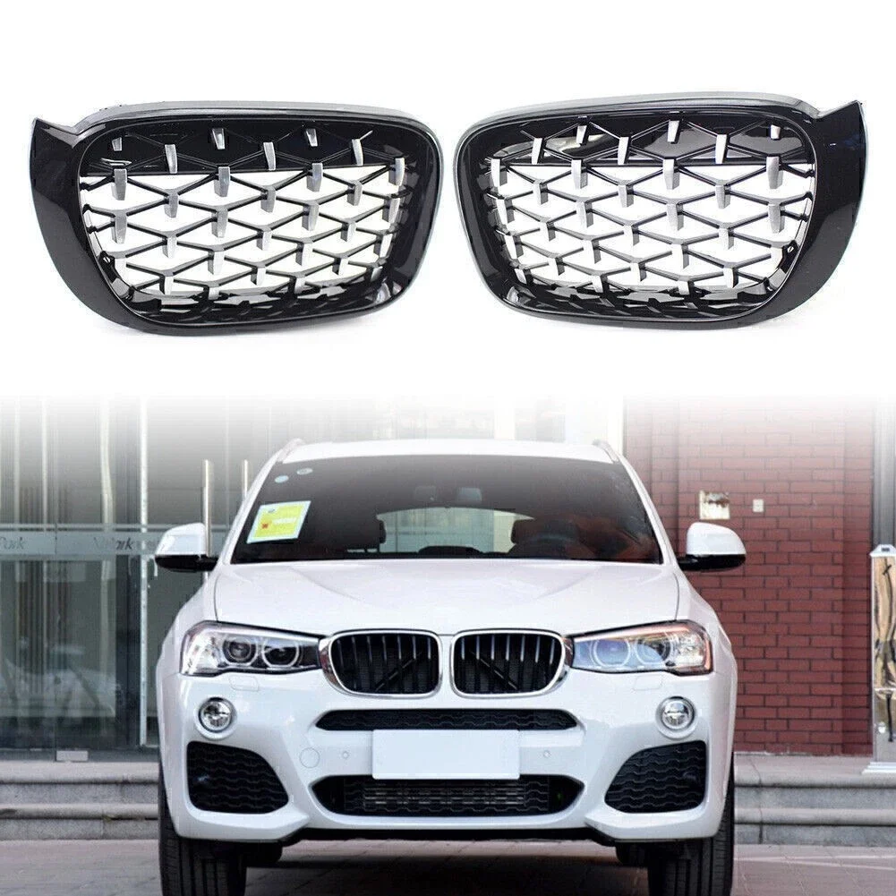 Car Front Kidney Diamond Grille Replacement For BMW X3 F25 Facelift X4 F26 14-17 Gloss Black Half Chrome Full Chrome Grille Set