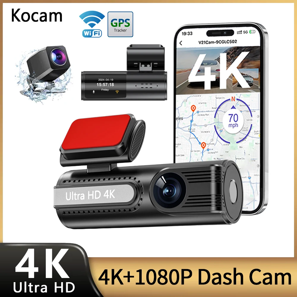 4K WiFi Dash Cam for Cars Front and Rear Dual Lens Auto Dashcam Time-lapse Video Built-in Wifi GPS Support 24H Parking Monitor