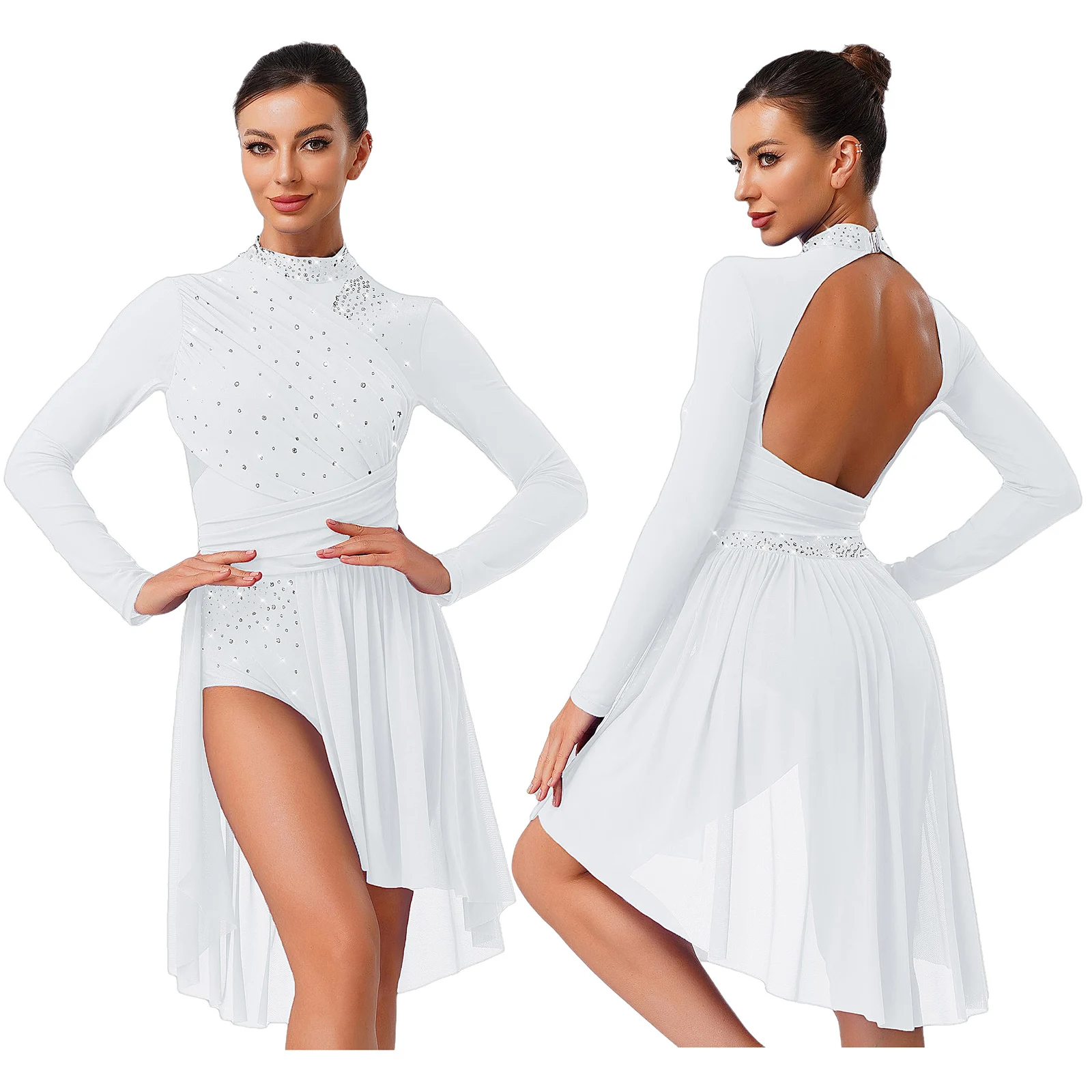 Vrouwen Lyrische Dans Jurk Strass Lange Mouw Ruche Backless Een Stuk Turnpakje Jurk Modern Ballet Hedendaagse Danskostuum