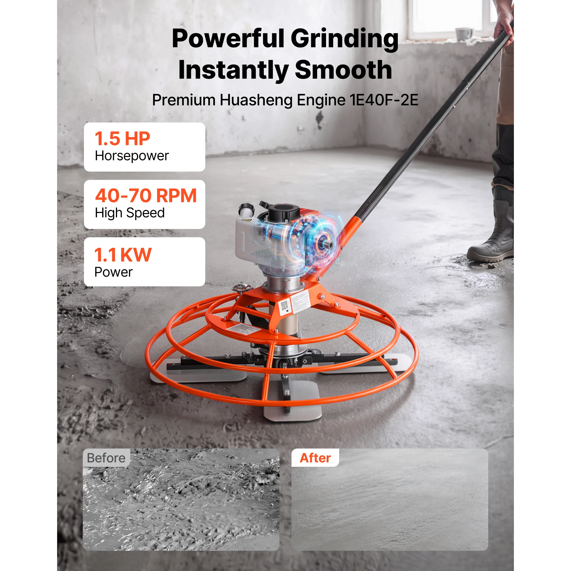 Power Trowel, 28.3 inch Trowel Diameter Concrete Finishing Machine, 4 Blades, Adjustable 0-12° Pitch, Gas-Powered Walk-Behind Cement Surface Finisher for Smooth Floors, Bridge Construction