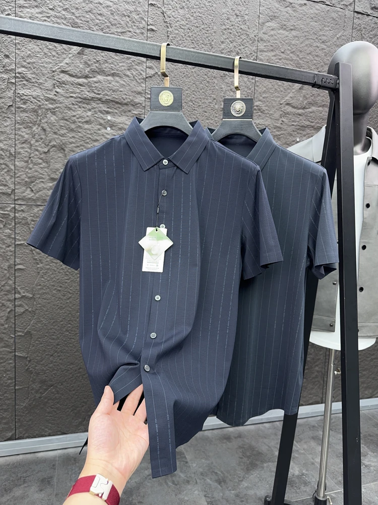 

Men's Casual Silk irt ort Sve Breathable Summer Striped Ne Stand Fit Pampa& Brand