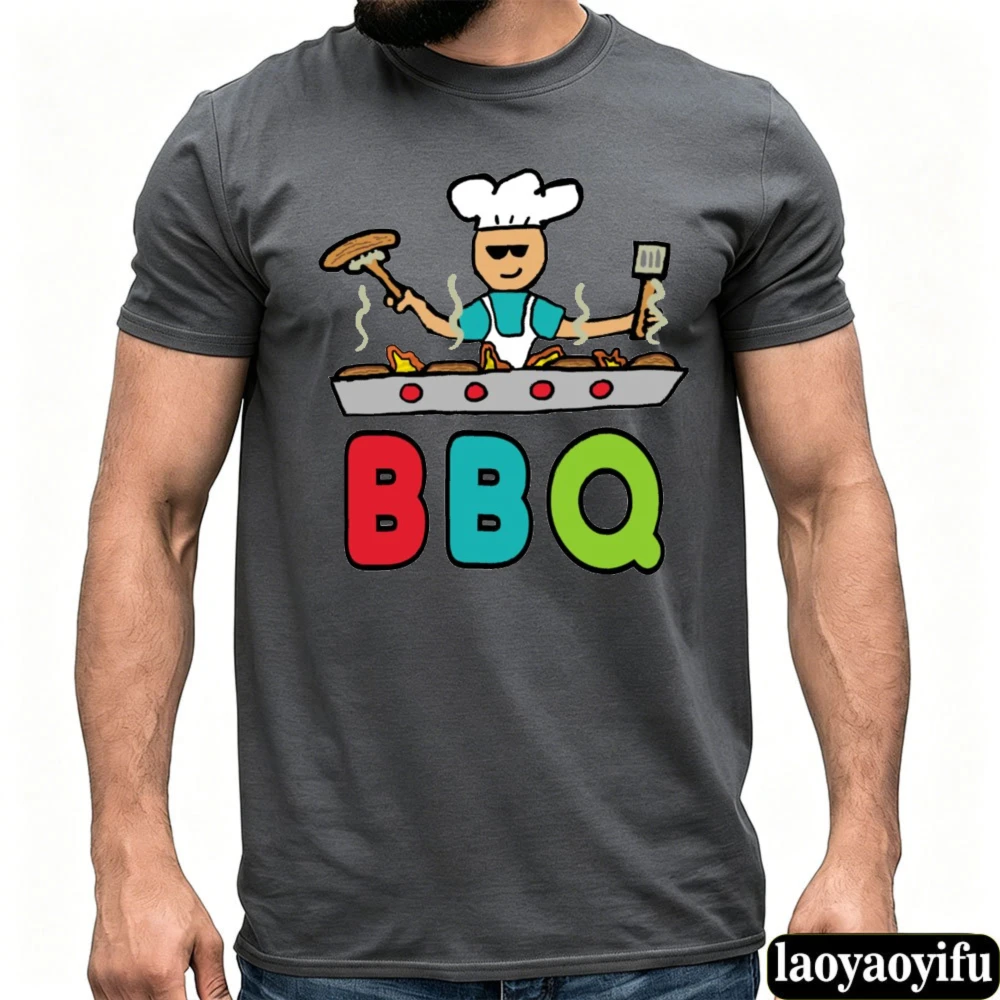 Cartoon BBQ-Koch Rauchgrill Grafik Herren T-Shirt Lustiges Kochmotiv Sommer Outdoor Party Lässiges Kurzarm-Oberteil