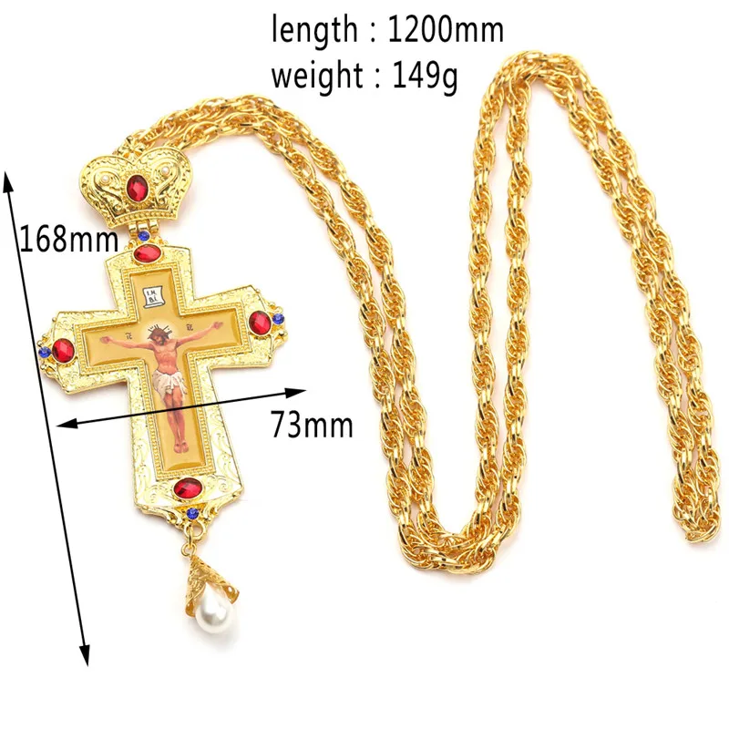 Pendant Necklace Gold Pectoral Cross Crucifix Clear Crystal for Virgin Mary Prayer Jesus Necklace Chain Religious Orthodox icon