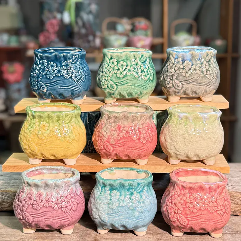 Waist Relief Flower Succulent Flowerpot Ceramic, Small Size Old Pile Succulent Plant Kiln Transformed Flow Glaze Combination