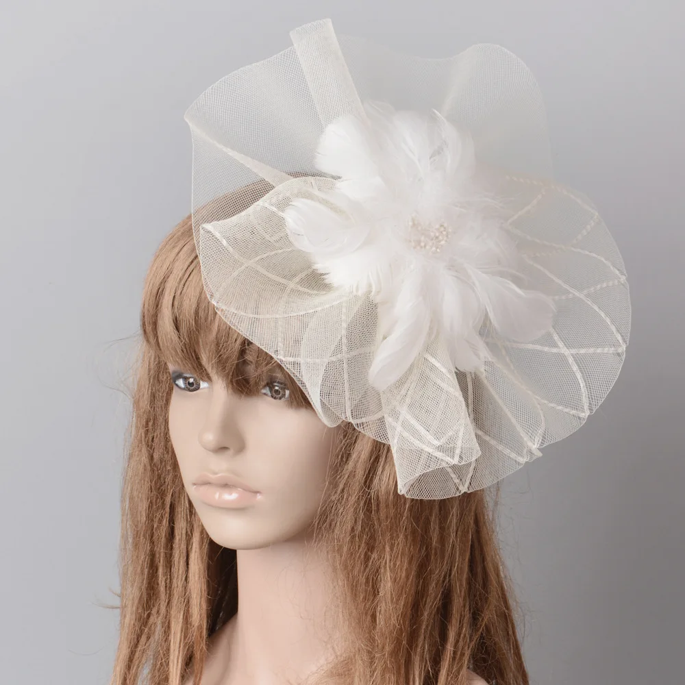 Net En Veren Fascinator Hoed Hoofdband Alice Hoofdband Clip Mesh Bloem Bruiloft Cocktail Haaraccessoires Theekransje Hoofdband