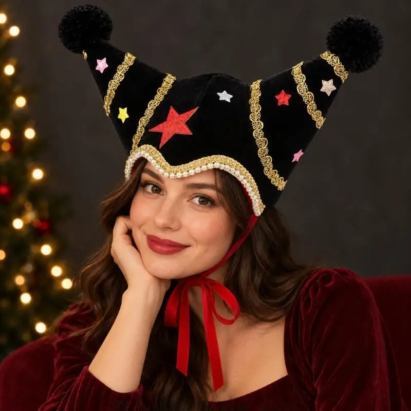 Adult Clown Costume Hat with Two-Point Multicolor Star, Furry Ball and Chin Ties for Cosplay Event D0UB