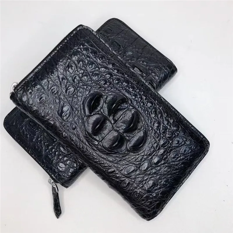 

Authentic Real Crocodile Skin Men's Black ZIP Clutch Purse Long Wallet Genuine Exotic Alligator Leather Male Large Card Holders