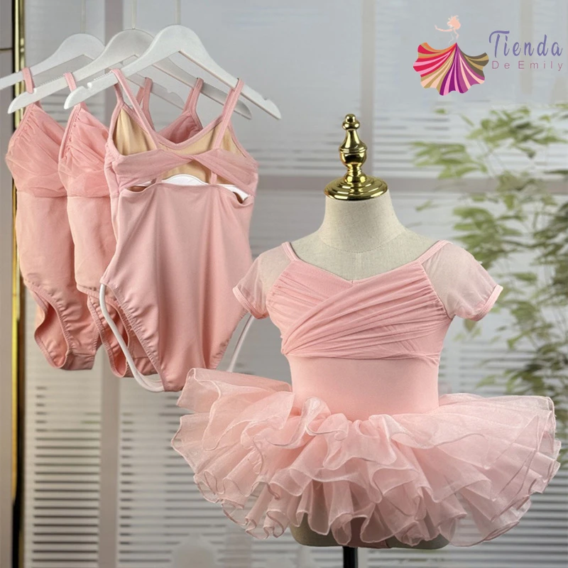 

Girls Ballet Leotard Skirt Toddler Short Sleeve Back Hollow Pink Bodysuit Spliced Gauze Removeable Tutu Dress Set Training Dance