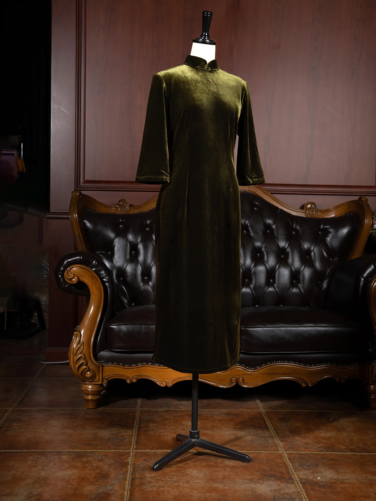 

Классическое бархатное платье-ципао с низким разрезом, облегающее, с драпировкой на плечах, винтажное, весна-лето-осень, длинное, с круглым вырезом