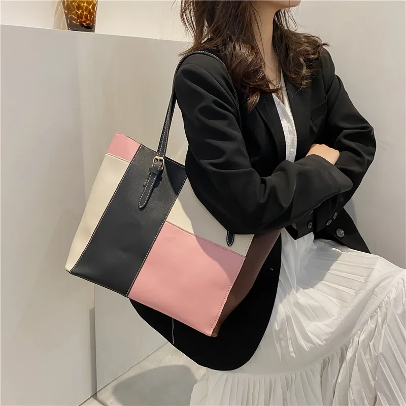 Women\'s Bag 2024 New Foreign-style Soft Surface Leisure Shoulder Bag Simple Handbag Fashion Splicing Candy Colour