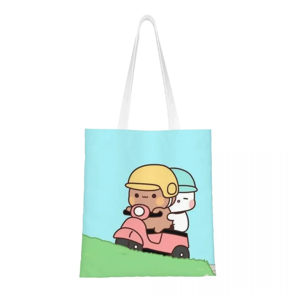 Mochi Cats Riding A Scooter Tote Bags Women Handbag Canvas Student Peach and Goma Shoulder Bag Printed Grocery Bag