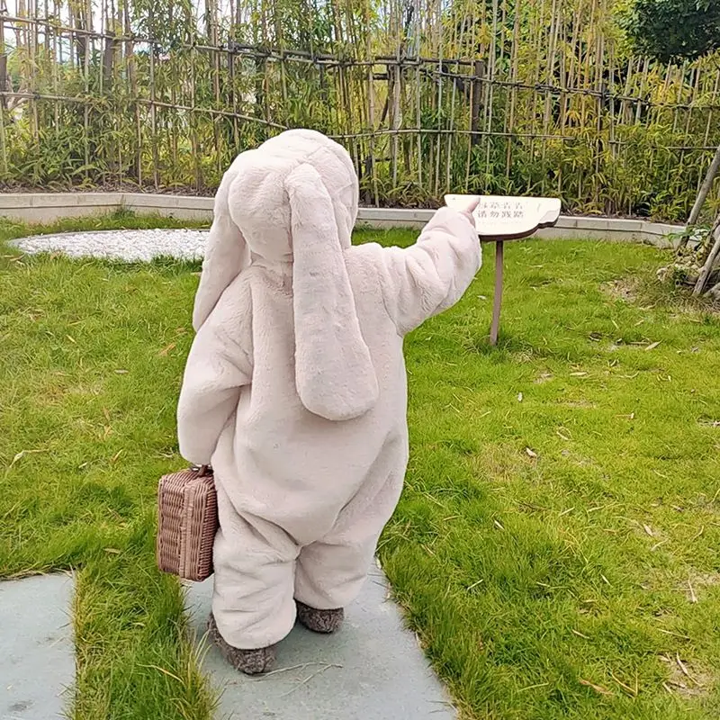 Cute and Stylish Baby Autumn and Winter Rabbit Homewear Thick and Warm Long-eared Jumpsuit for Girls One-piece Romper