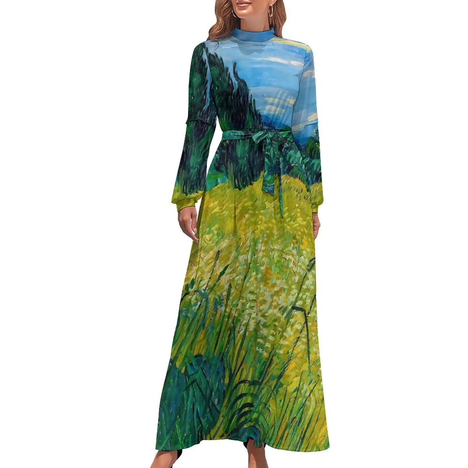 Van Gogh Dress Green Wheat Field Street Wear Bohemia Dresses Female Long Sleeve High Neck Modern Long Maxi Dress