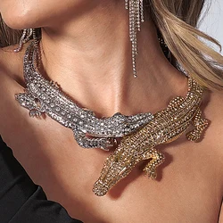 Punk Splice Exaggerate Crocodile Choker Necklace Club for Women Gothic Animal Statement Rhinestone Choker Collar Prom Jewelry