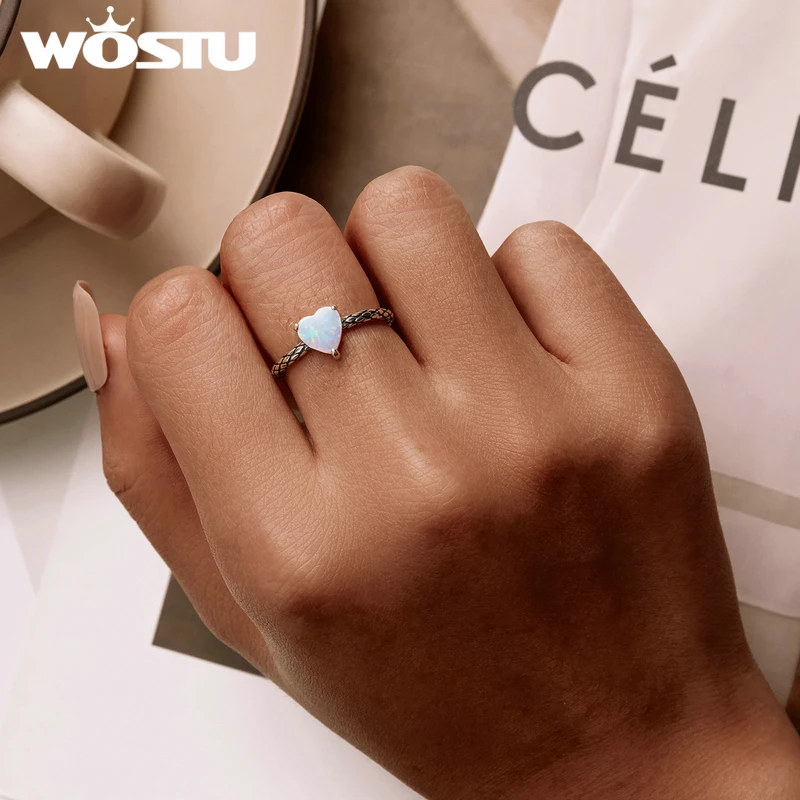 WOSTU 925 Vintage Sterling Silver Heart Shape White Fire Opal Rings For Women Retro Style Snake Ring Fine Jewelry Gift FIR812