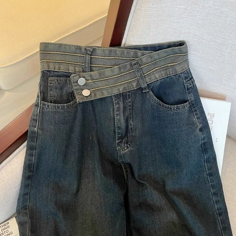 Retro Design Irregular High-waist Jeans Women in Spring and Autumn New Loose Straight Splicing Wide-leg Pants