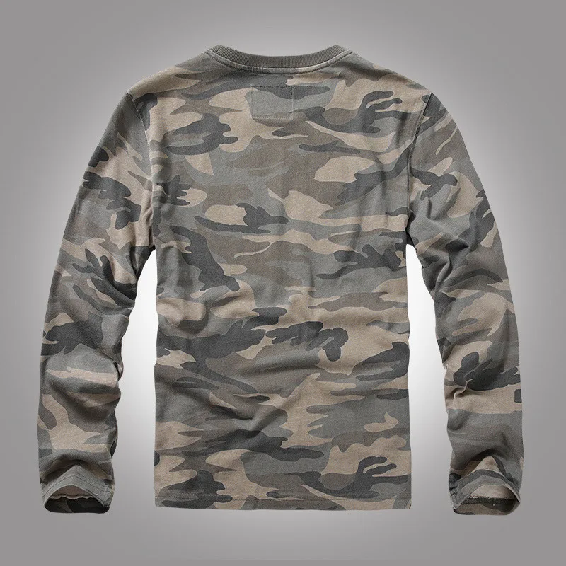 Men's Long Sleeve Shirt Camouflage T Shirt 100% Cotton Cargo Tees For Male Tactical Tops Round Neck