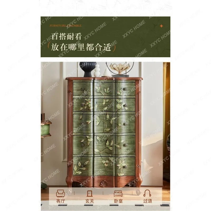 XX retro painted solid wood curved surface five bucket entrance cabinet living room decoration storage