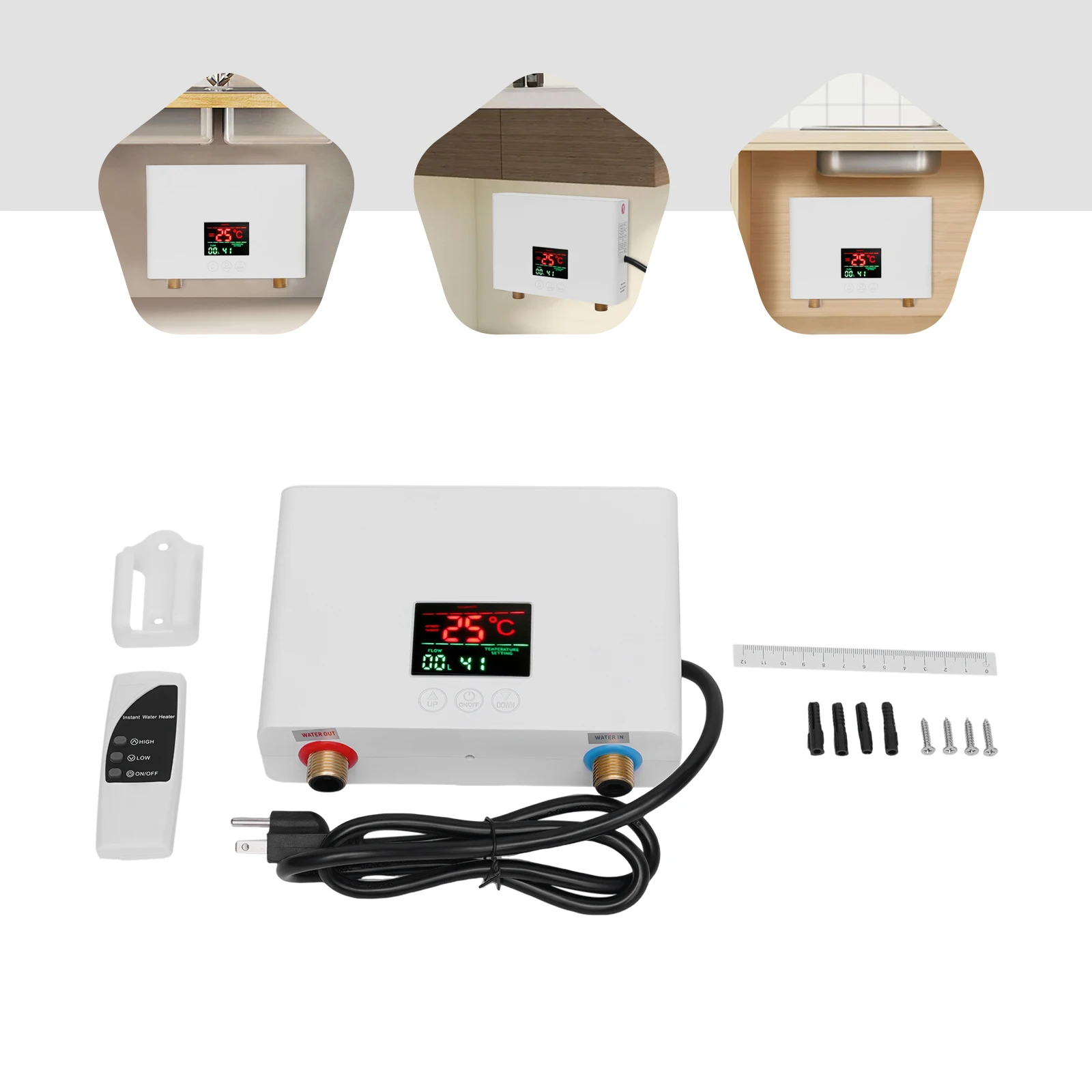 110V Electric Tankless Water Heater Wall-Mounted Instant Hot Water 3000W Under Sink Water Heater 68-126°F with LCD Display